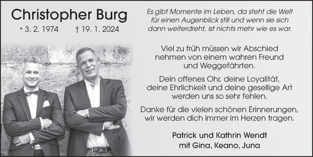  Traueranzeige für Christopher Burg vom 31.01.2024 aus FZ