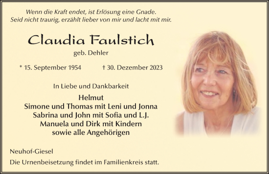 Traueranzeige von Claudia Faulstich von FZ