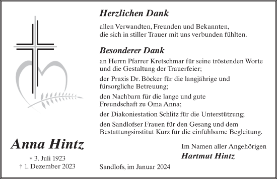 Traueranzeige von Anna Hintz von Fuldaer Zeitung
