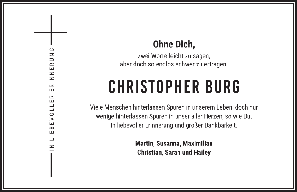  Traueranzeige für Christopher Burg vom 27.01.2024 aus Fuldaer Zeitung