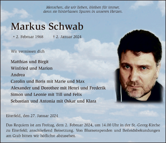 Traueranzeige von Markus Schwab von Fuldaer Zeitung