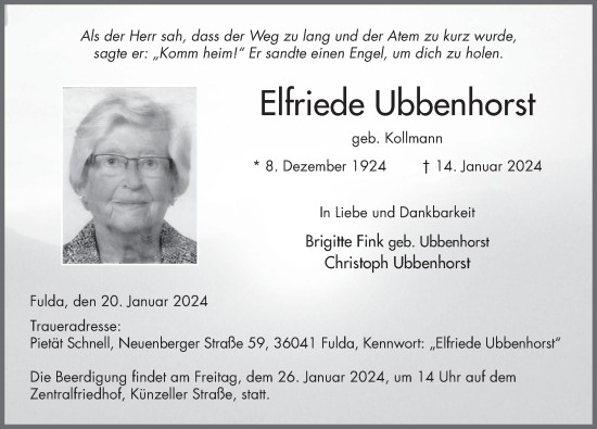 Traueranzeige von Elfriede Ubbenhorst von FZ