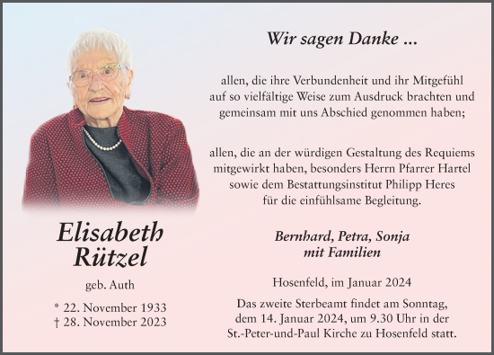 Traueranzeige von Elisabeth Rützel von FZ