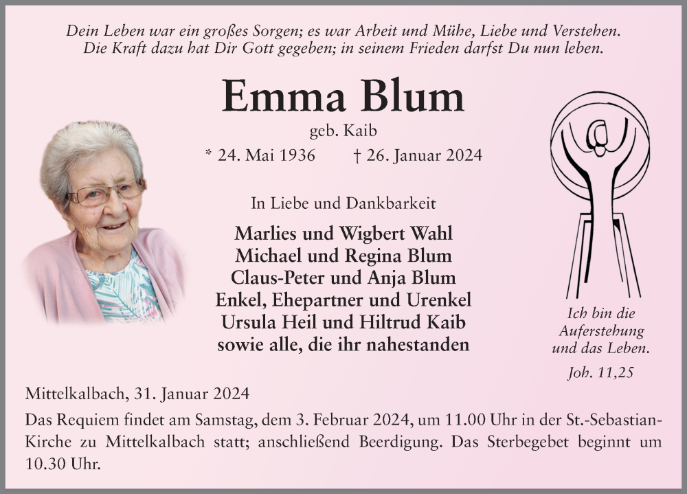  Traueranzeige für Emma Blum vom 31.01.2024 aus FZ