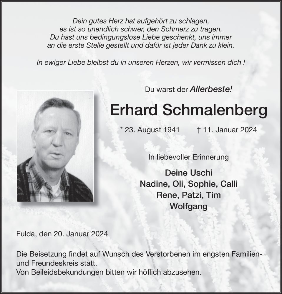  Traueranzeige für Erhard Schmalenberg vom 20.01.2024 aus FZ
