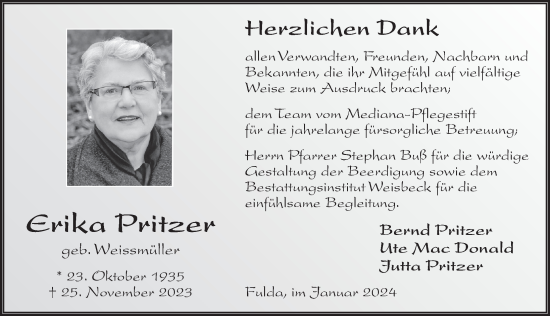 Traueranzeige von Erika Maria Pritzer von FZ