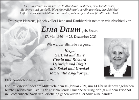 Traueranzeige von Erna Daum von FZ