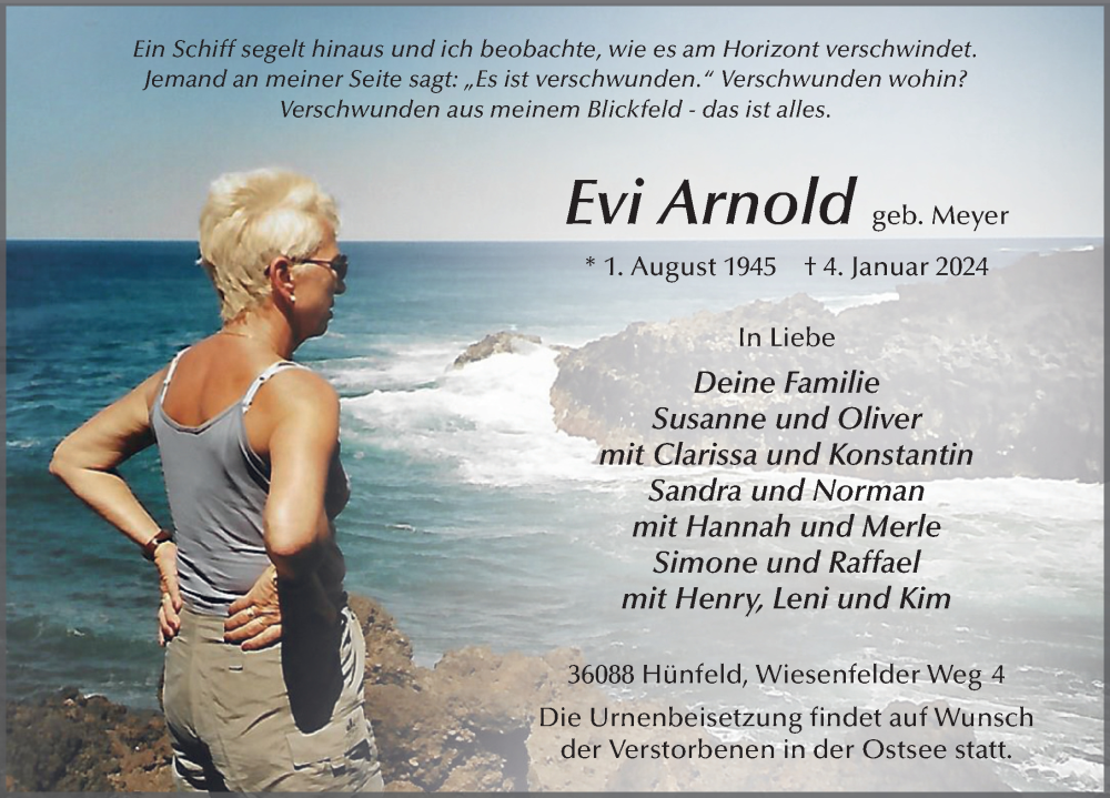  Traueranzeige für Evi Arnold vom 13.01.2024 aus FZ