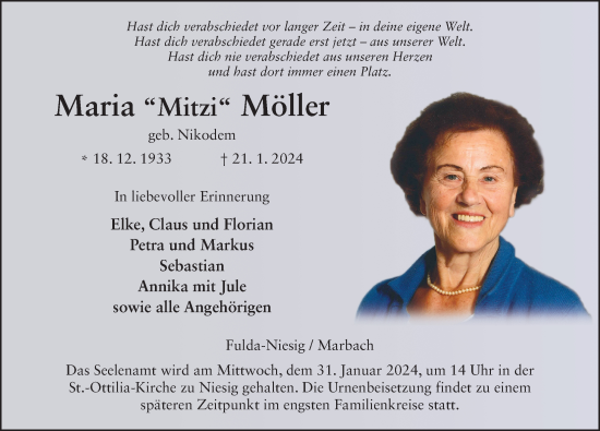 Traueranzeige von Maria Möller von Fuldaer Zeitung