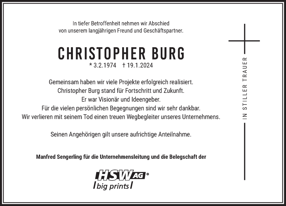  Traueranzeige für Christopher Burg vom 27.01.2024 aus Fuldaer Zeitung