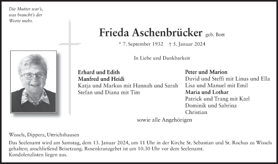 Traueranzeige von Frieda Aschenbrücker von FZ