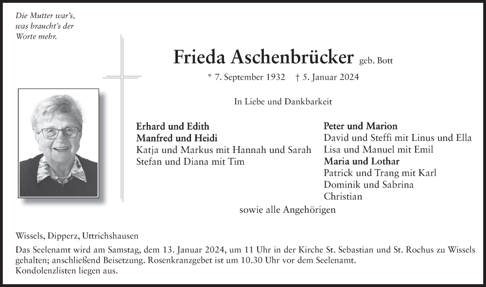  Traueranzeige für Frieda Aschenbrücker vom 10.01.2024 aus FZ