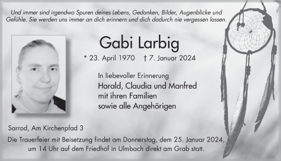 Traueranzeige von Gabi Larbig von FZ
