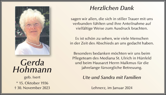 Traueranzeige von Gerda Hohmann von FZ