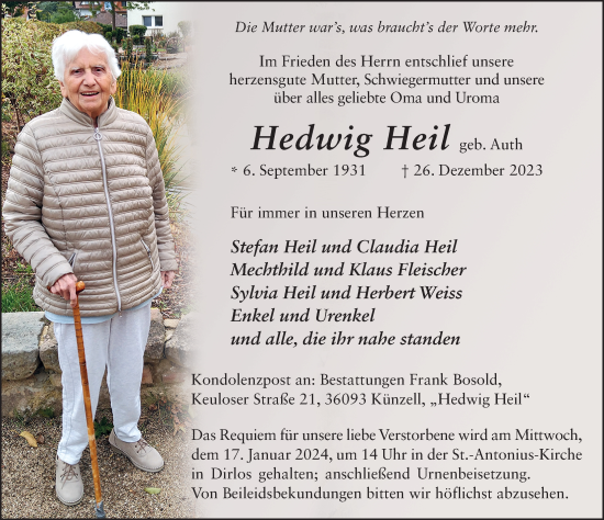 Traueranzeige von Hedwig Heil von FZ