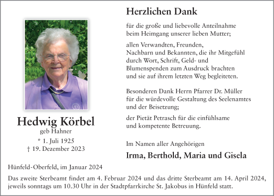 Traueranzeige von Hedwig Körbel von FZ