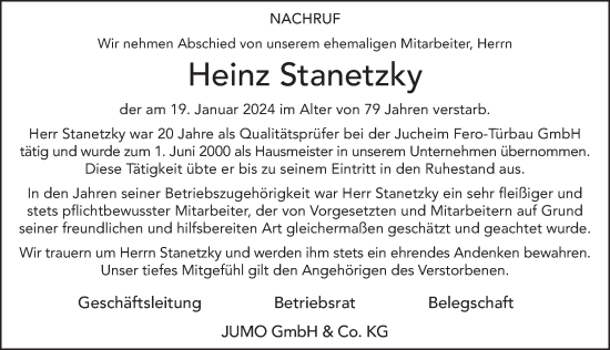 Traueranzeige von Heinz Stanetzky von FZ