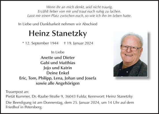 Traueranzeige von Heinz Stanetzky von FZ
