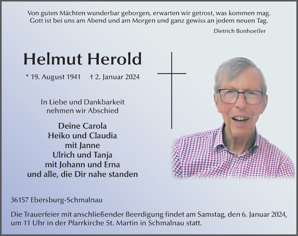  Traueranzeige für Helmut Herold vom 04.01.2024 aus FZ