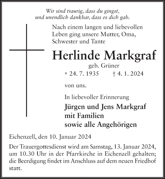 Traueranzeige von Herlinde Markgraf von FZ