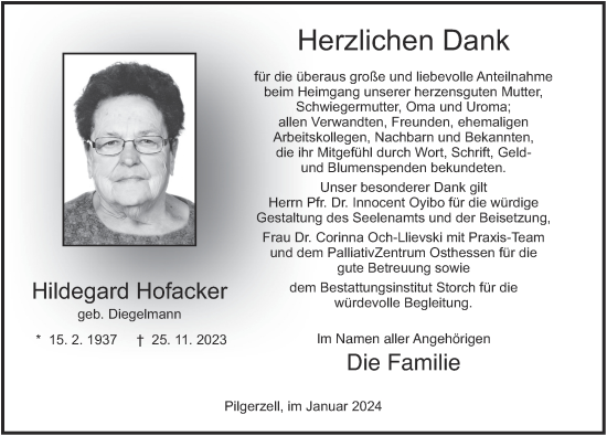 Traueranzeige von Hildegard Hofacker von FZ