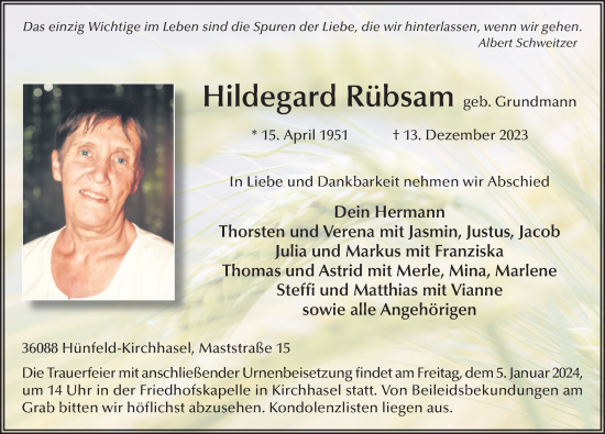 Traueranzeige von Hildegard Rübsam von FZ
