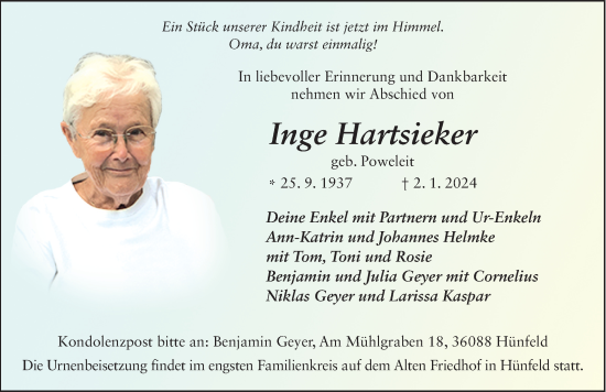 Traueranzeige von Inge Hartsieker von FZ