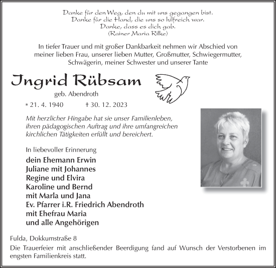 Traueranzeige von Ingrid Rübsam von FZ