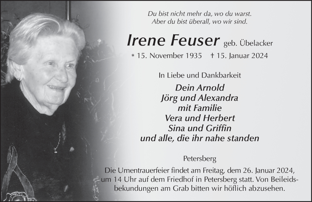  Traueranzeige für Irene Feuser vom 23.01.2024 aus FZ