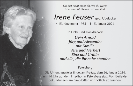 Traueranzeige von Irene Feuser