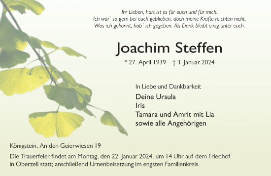 Traueranzeige von Joachim Steffen von FZ