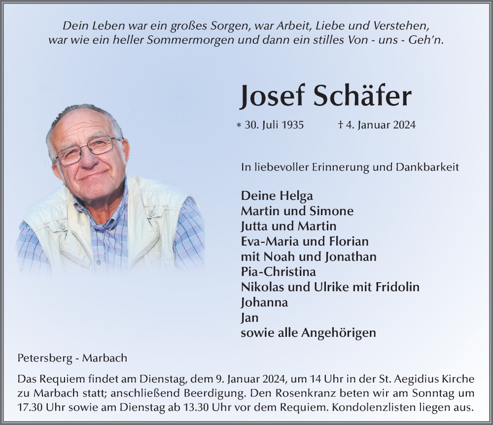  Traueranzeige für Josef Schäfer vom 08.01.2024 aus FZ