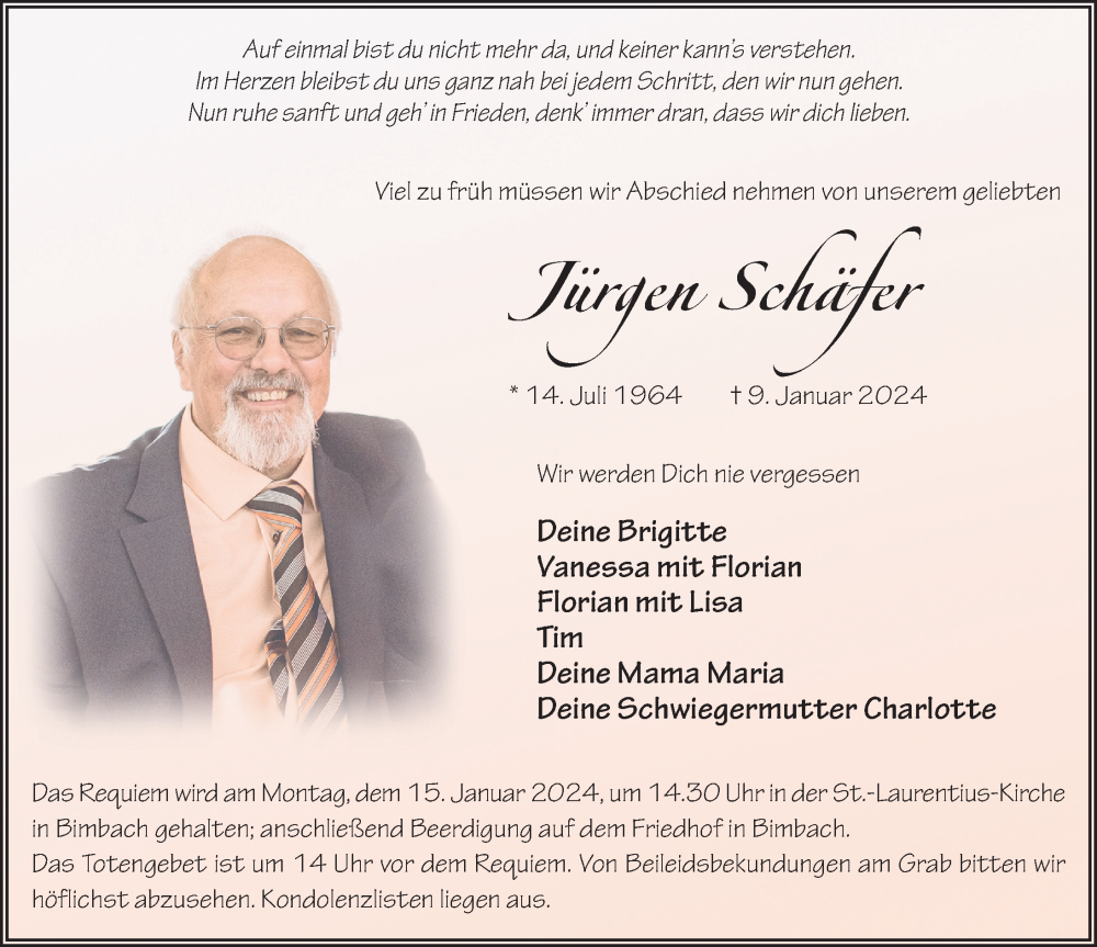  Traueranzeige für Jürgen Schäfer vom 12.01.2024 aus FZ