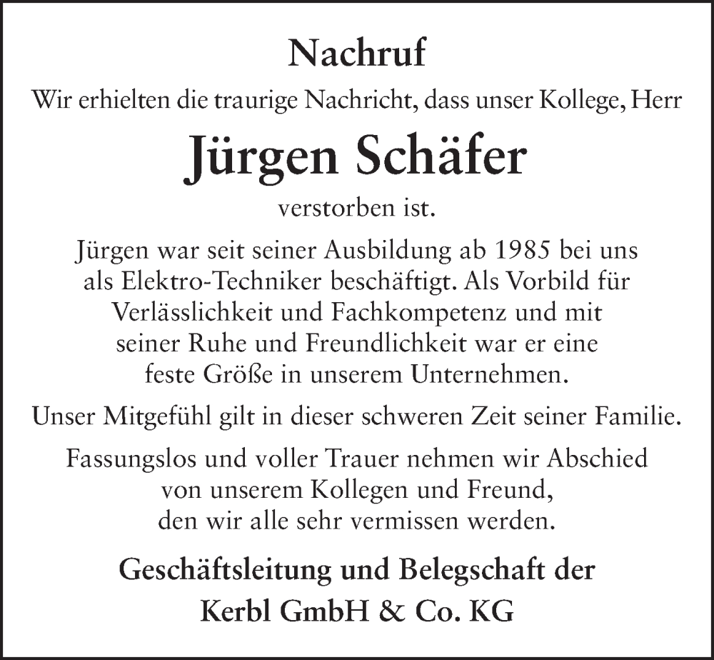  Traueranzeige für Jürgen Schäfer vom 12.01.2024 aus FZ