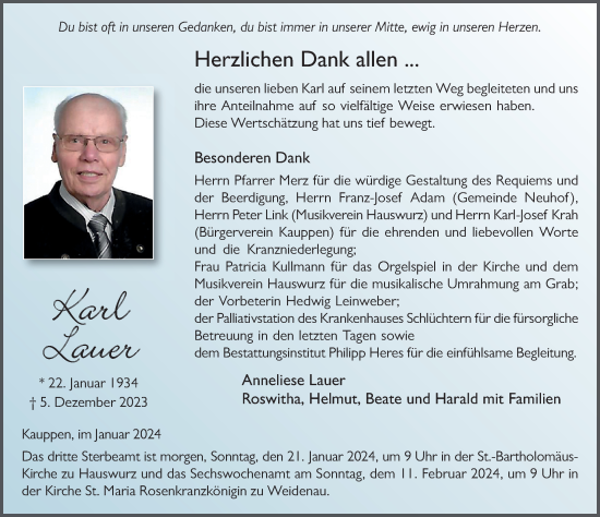 Traueranzeige von Karl Lauer von FZ