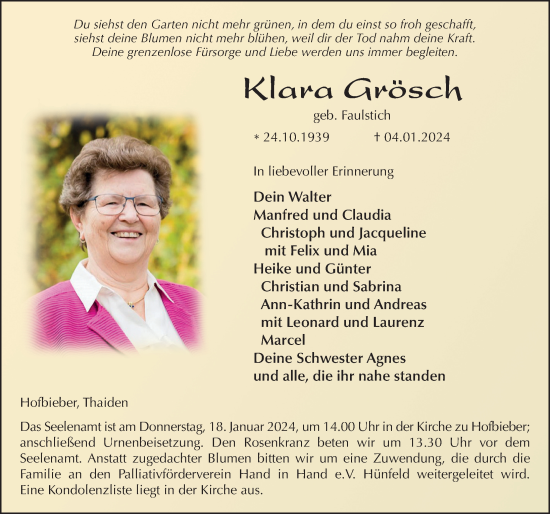 Traueranzeige von Klara Grösch von FZ
