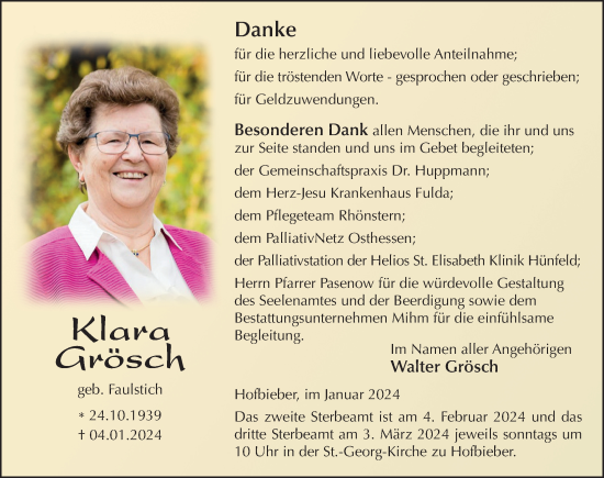 Traueranzeige von Klara Grösch von FZ