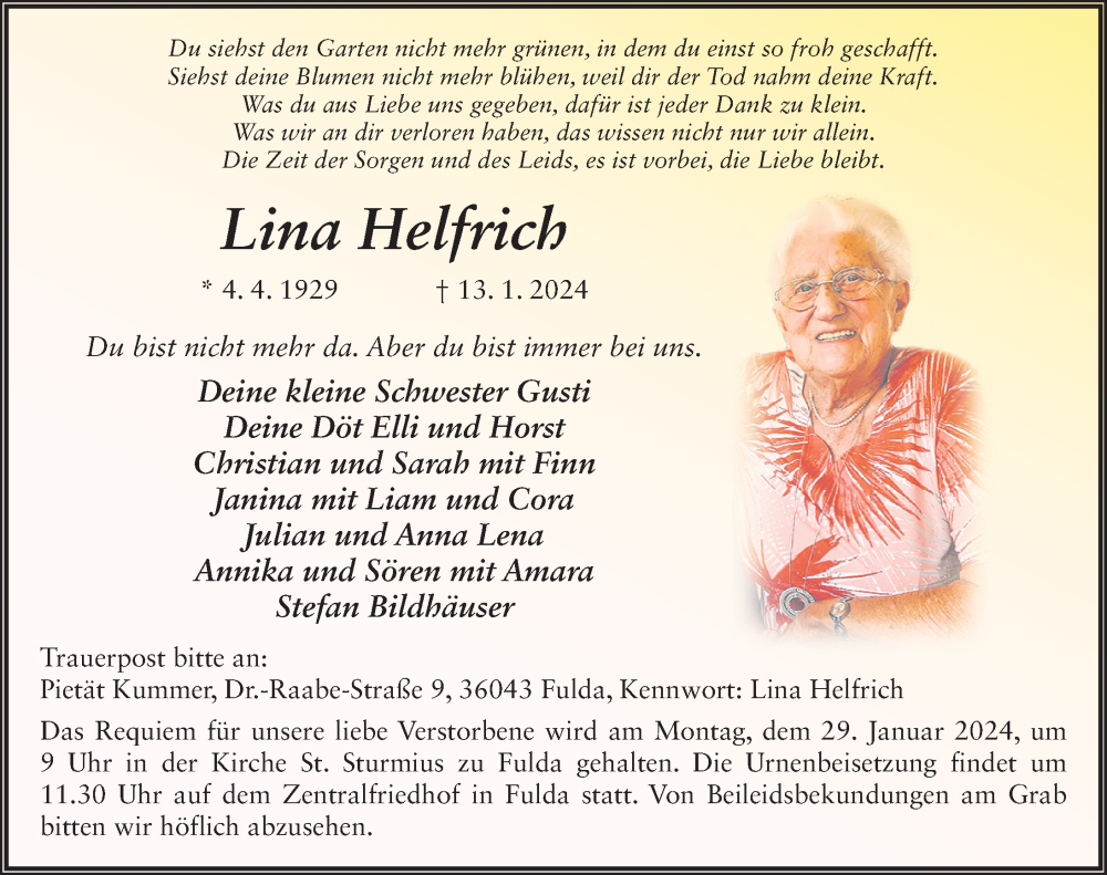  Traueranzeige für Lina Helfrich vom 24.01.2024 aus FZ