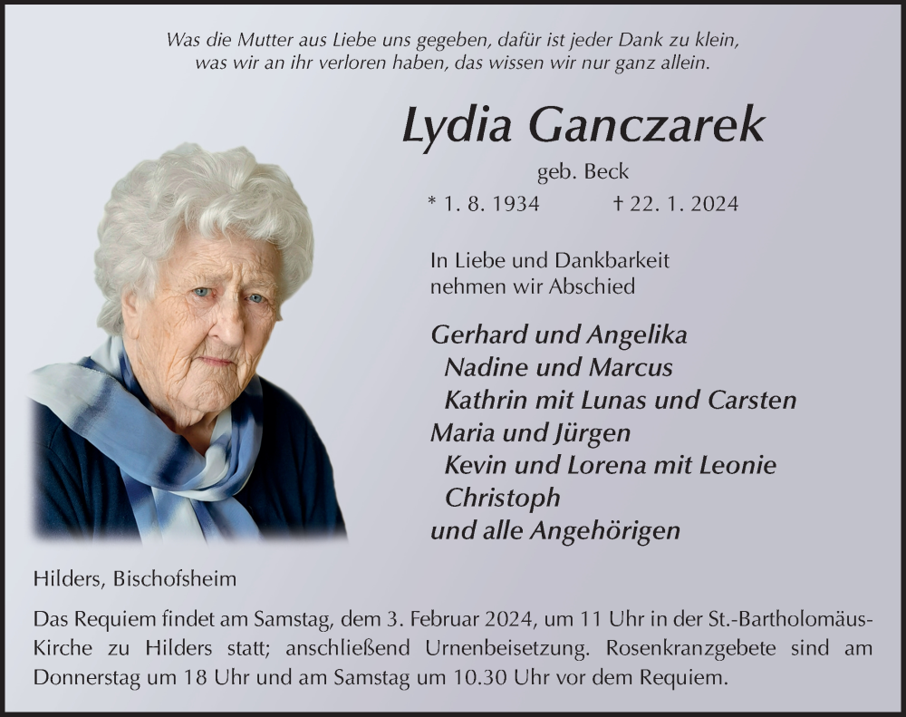  Traueranzeige für Lydia Ganczarek vom 31.01.2024 aus FZ