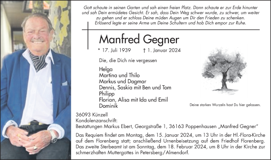 Traueranzeige von Manfred Gegner von FZ
