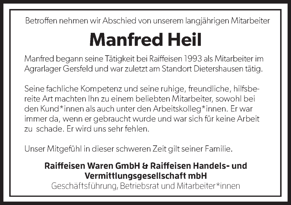 Traueranzeige für Manfred Heil vom 30.01.2024 aus FZ