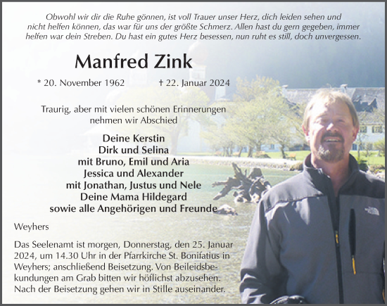Traueranzeige von Manfred Zink von FZ