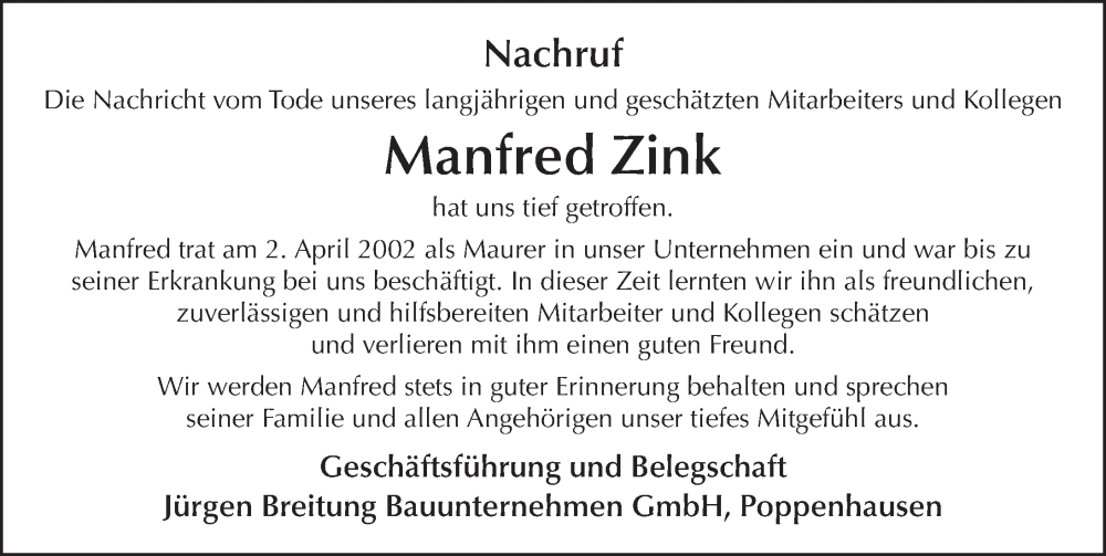  Traueranzeige für Manfred Zink vom 24.01.2024 aus FZ