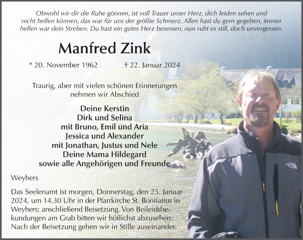  Traueranzeige für Manfred Zink vom 24.01.2024 aus FZ
