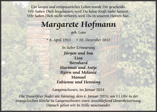 Traueranzeige von Margarete Hofmann von FZ