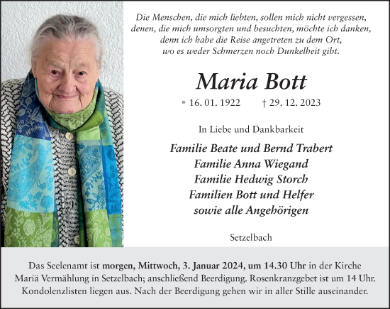 Traueranzeige von Maria Bott von FZ