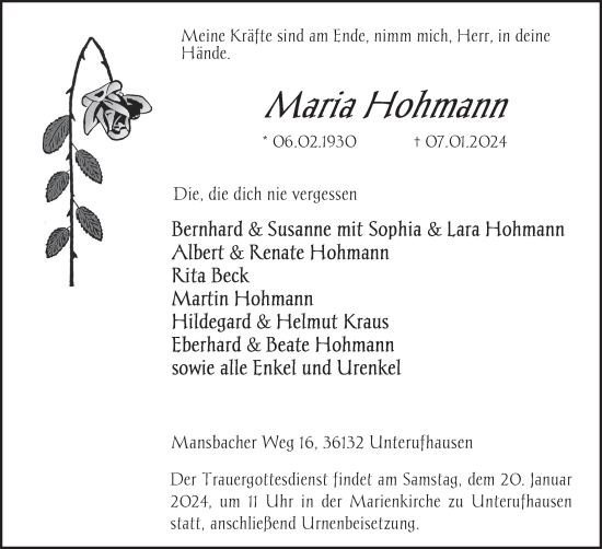 Traueranzeige von Maria Hohmann von FZ