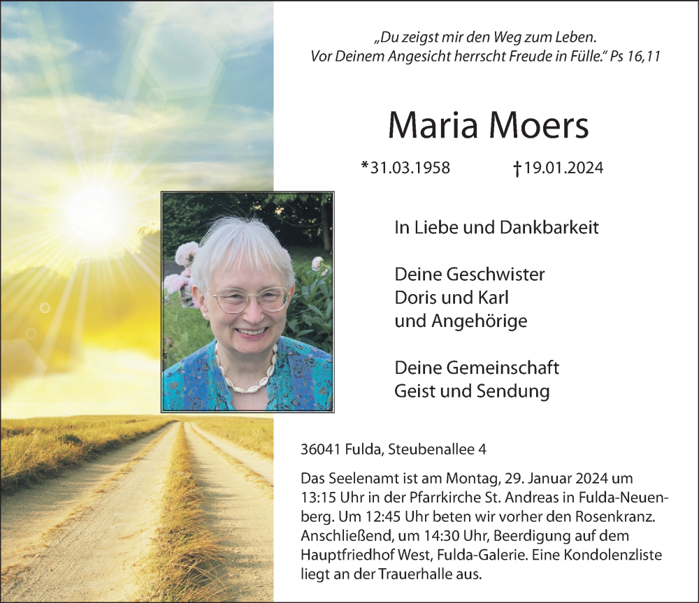  Traueranzeige für Maria Moers vom 24.01.2024 aus FZ