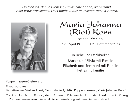 Traueranzeige von Maria Johanna Kern von FZ