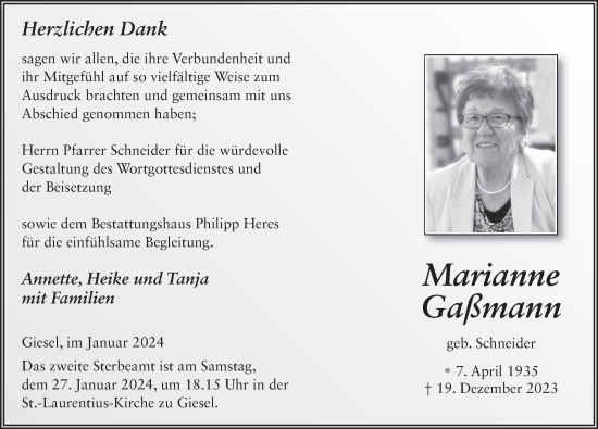 Traueranzeige von Marianne Gaßmann von FZ